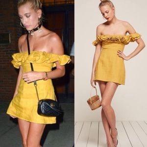 Reformation Coral Ruffle Off Shoulder Mini Dress Mustard Event Cocktail wms 4**